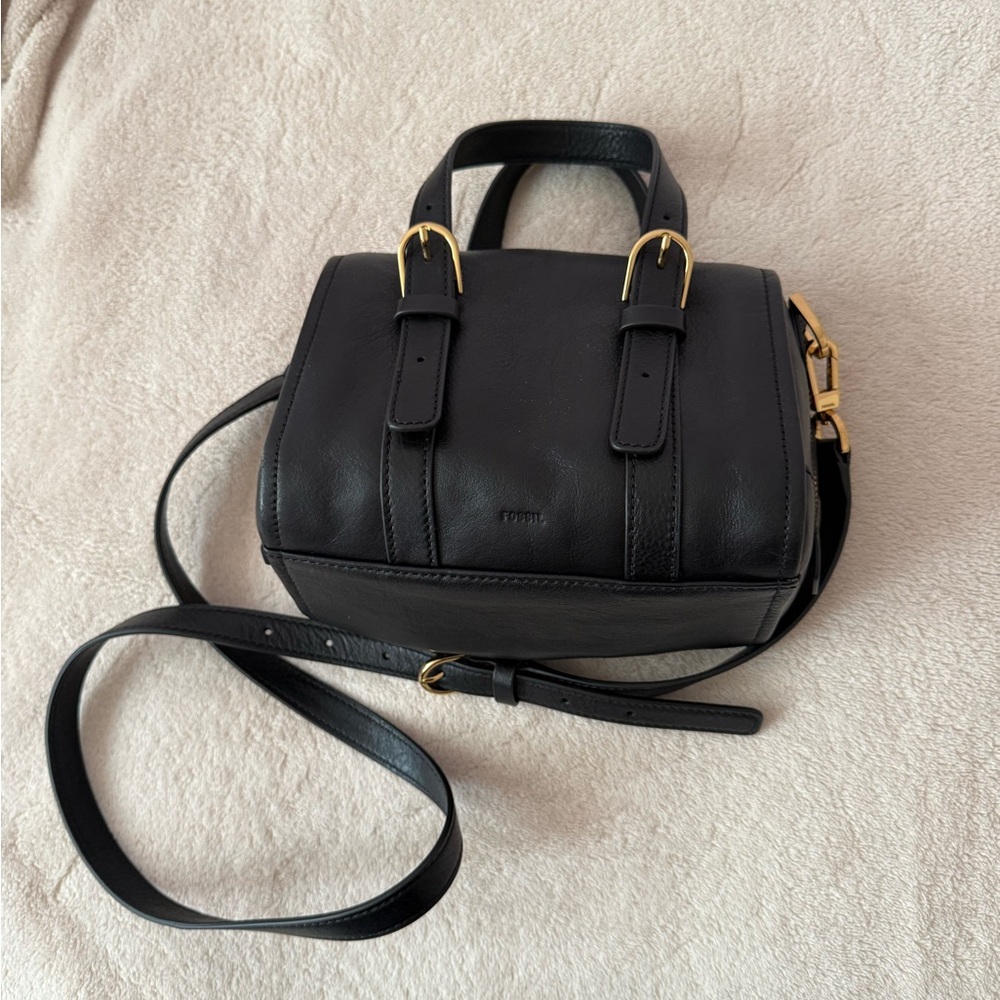 Fossil Mini Carli Satchel Crossbody Black Leather Gold Hardware